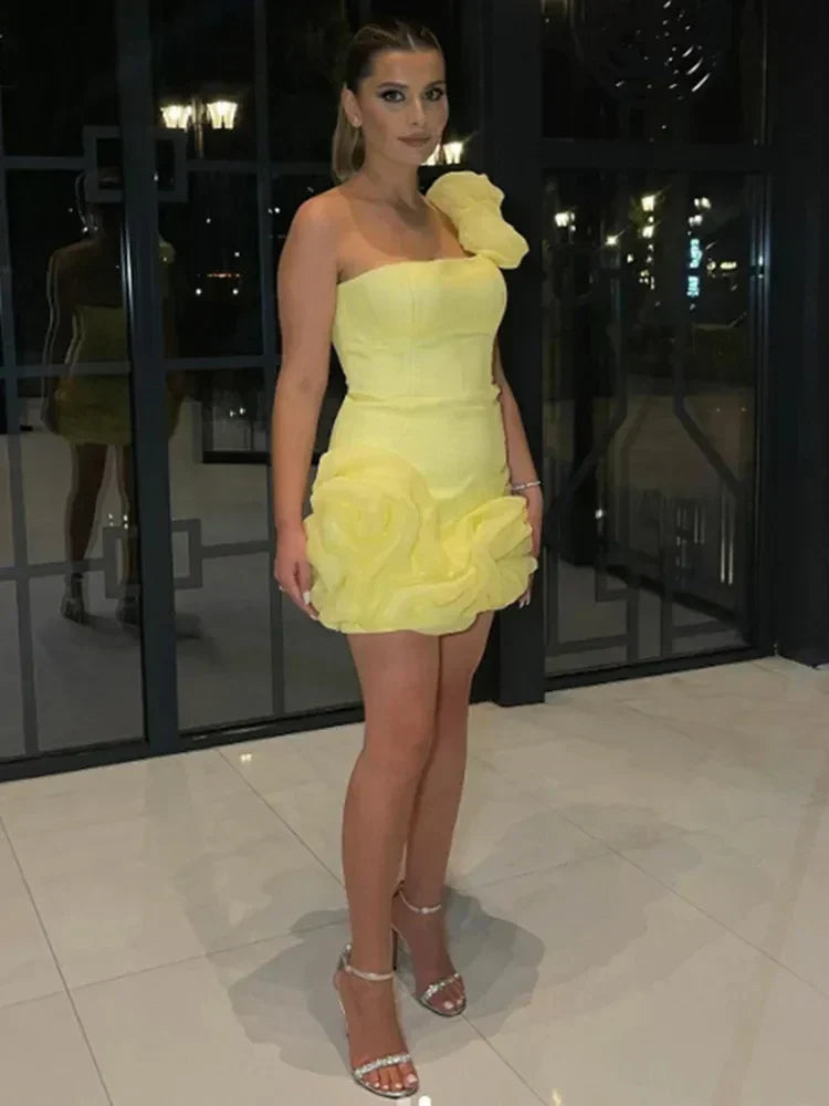 Yellow Satin Slim Fit Mini Party Dress - View 2