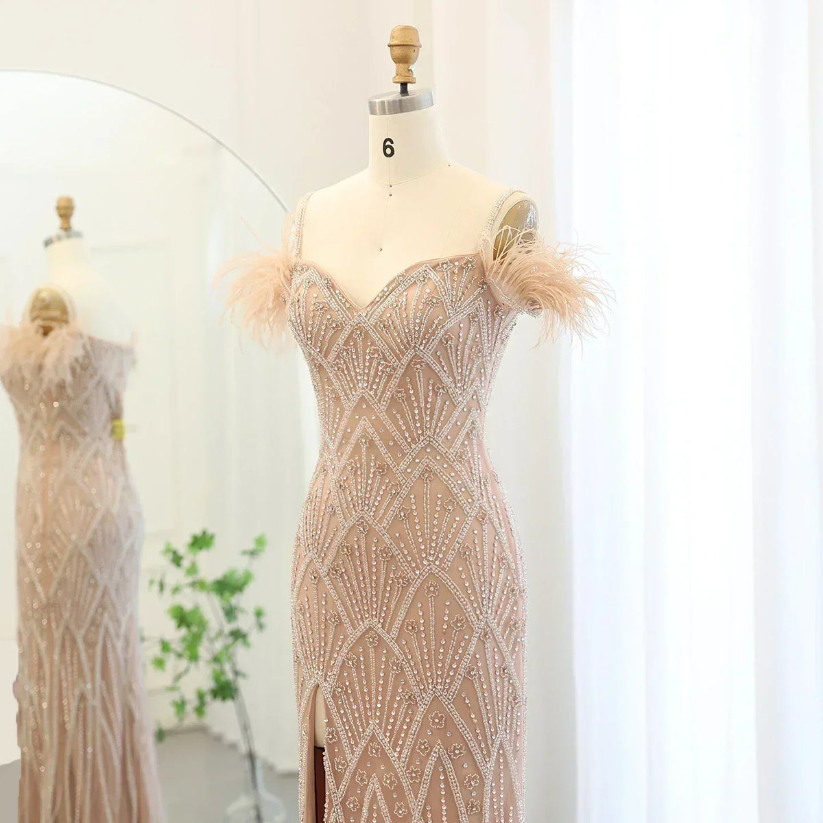 Sequin Off Shoulder Feather Trim Mermaid Maxi Gown - View 8
