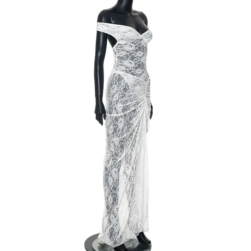 Lace Off Shoulder Sweetheart Corset Hip Cut Out Ruched Maxi Gown - View 4