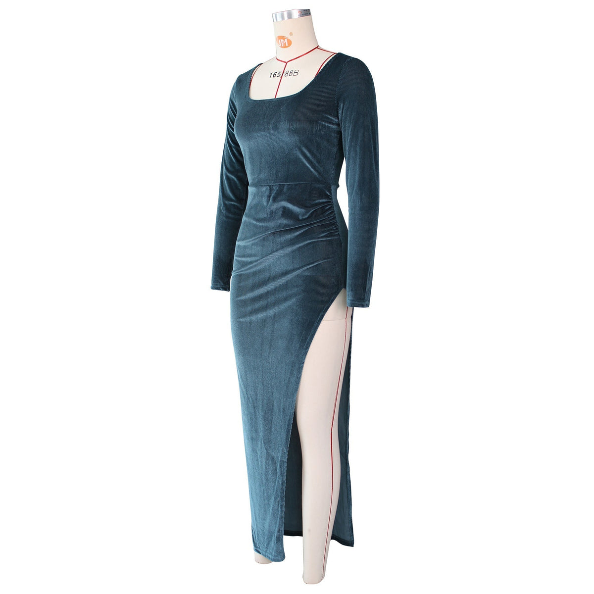 Velvet Square Neck Long Sleeve Ruched High Split Bodycon Maxi Dress 36