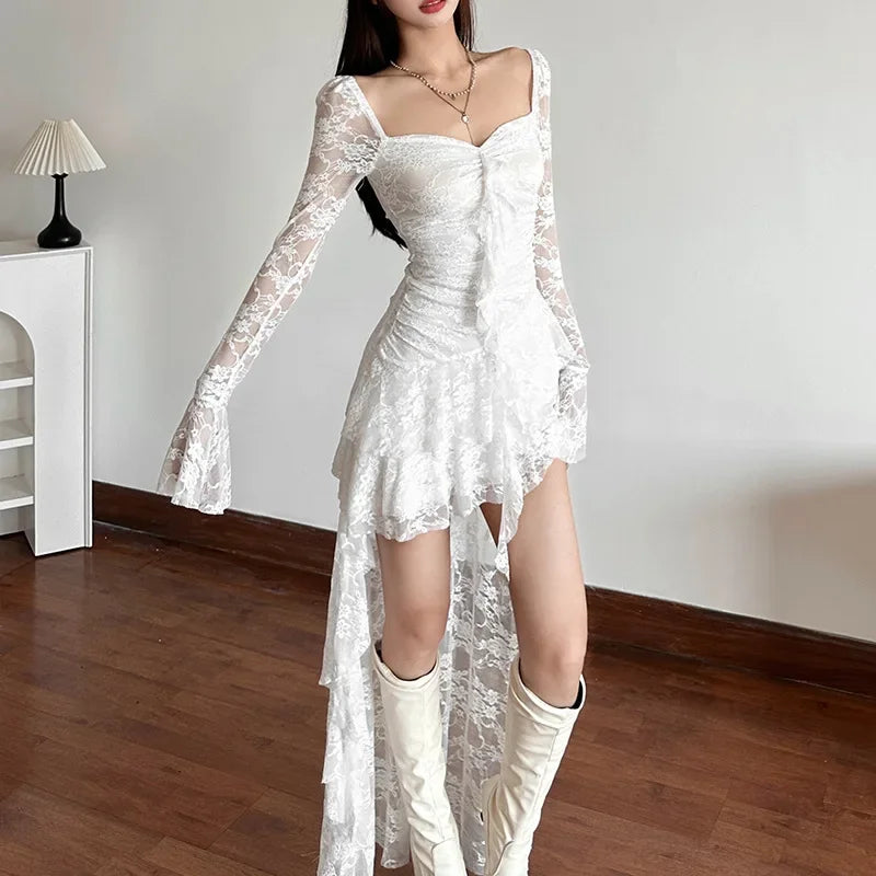 Flare Sleeve Square Neck A-Line Lace Dress - View 2