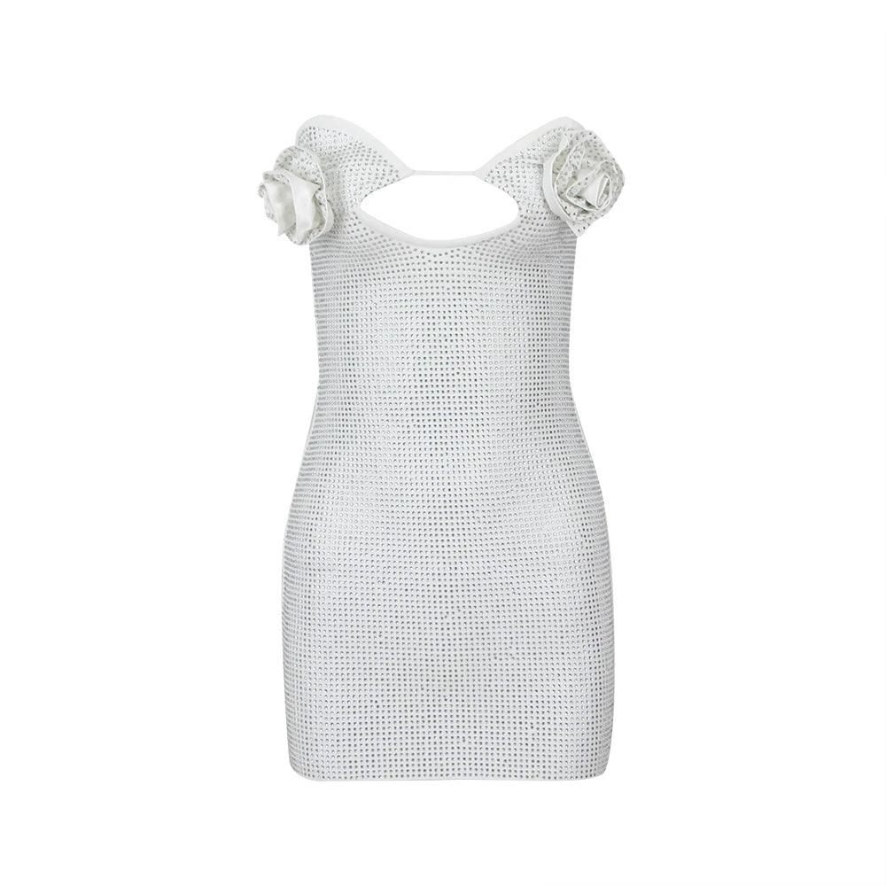 Strapless Rhinestone 3D Rose Applique Cut Out Bodycon Mini Dress - View 7