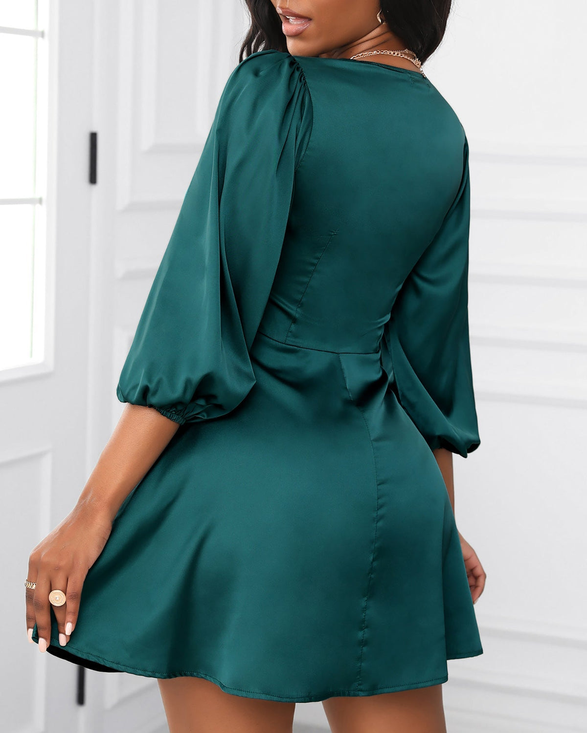 Satin Deep V-Neck Bow Puff Sleeve Fit and Flare Mini Dress - View 2
