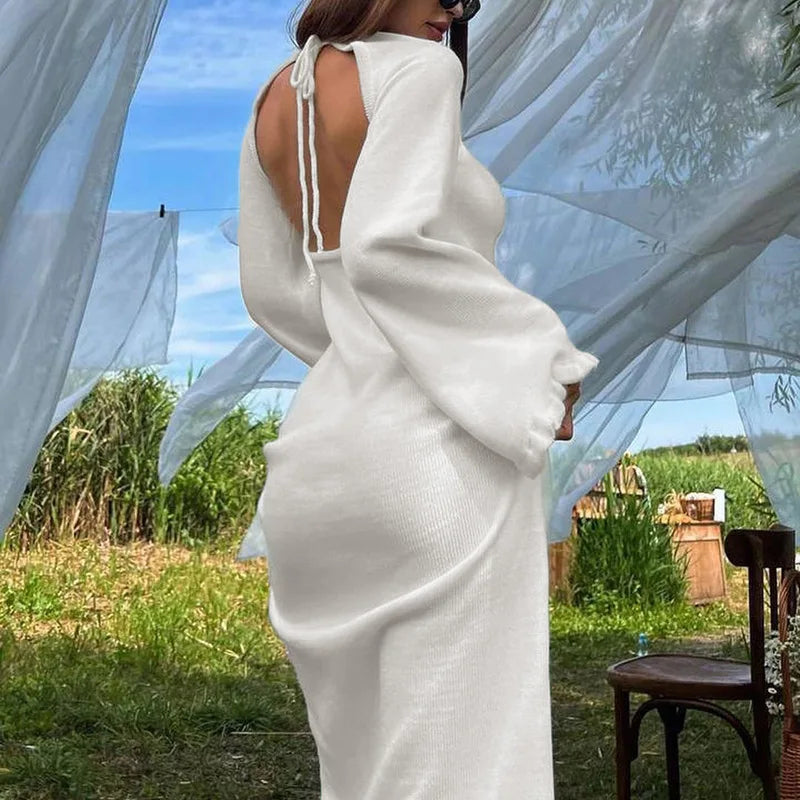 Rib Knit Deep V-Neck Bell Sleeve Bodycon Midi Dress - View 3
