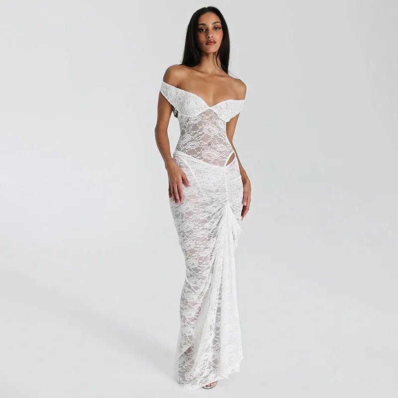 Lace Off Shoulder Sweetheart Corset Hip Cut Out Ruched Maxi Gown
