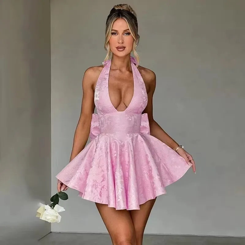 Bow Backless Jacquard A Line Mini Dress - View 4
