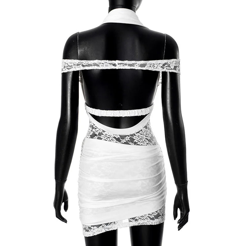 Lace Halter Neck Off Shoulder Ruched Bodycon Mini Dress - View 8