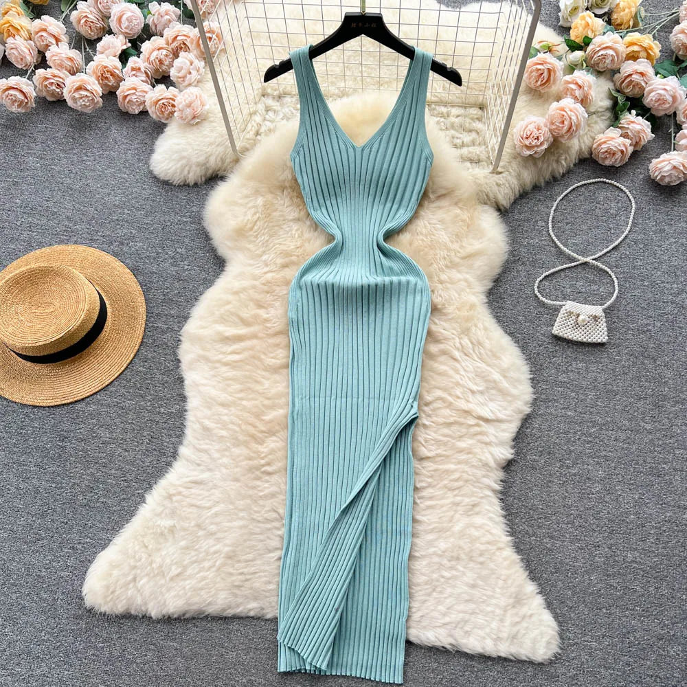 Ribbed Knit V-Neck Sleeveless Cut Out High Split Bodycon Maxi Dress - View 2