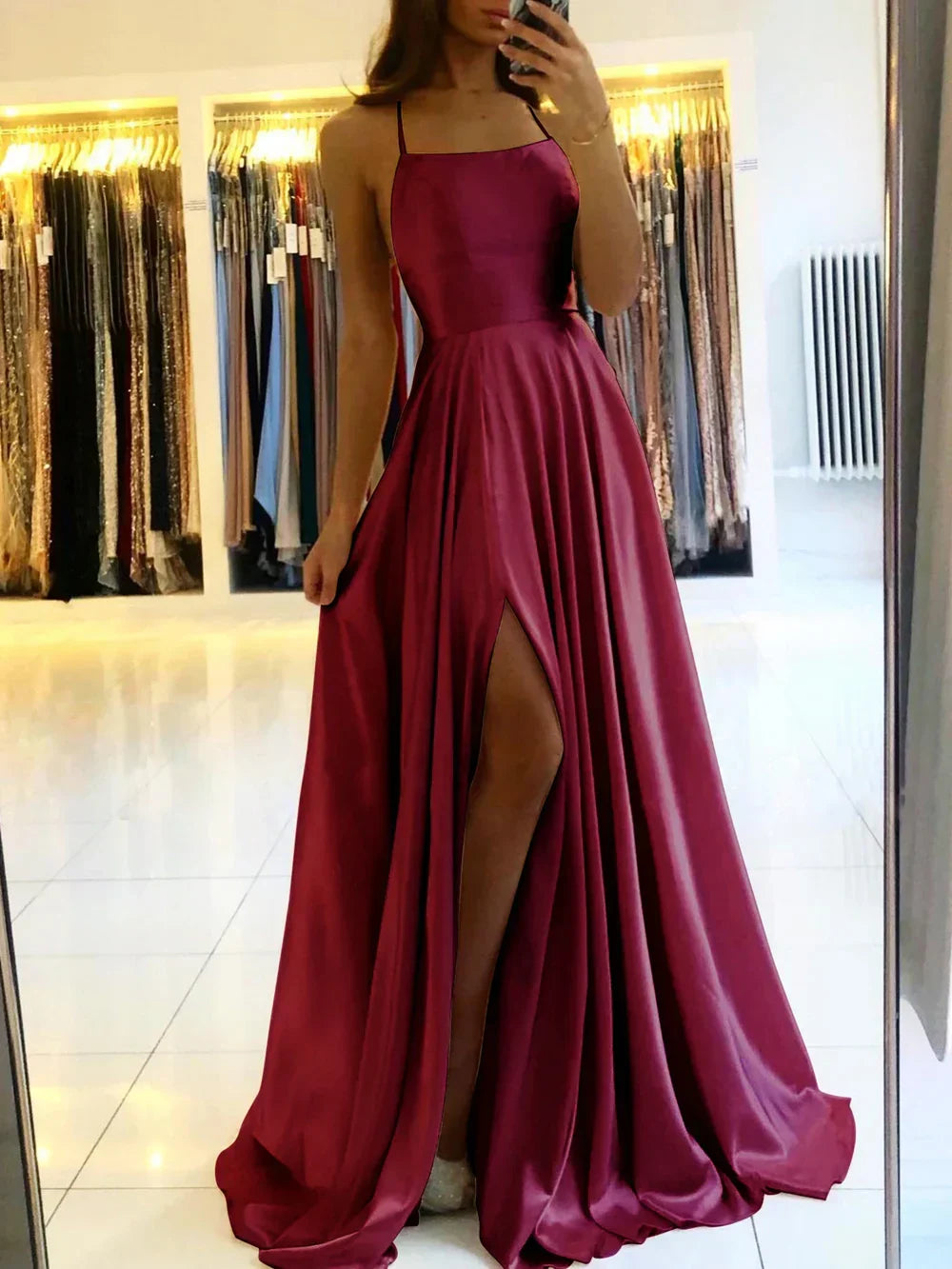 Satin Spaghetti Strap Square Neck High Split A-Line Maxi Prom Dress - View 5