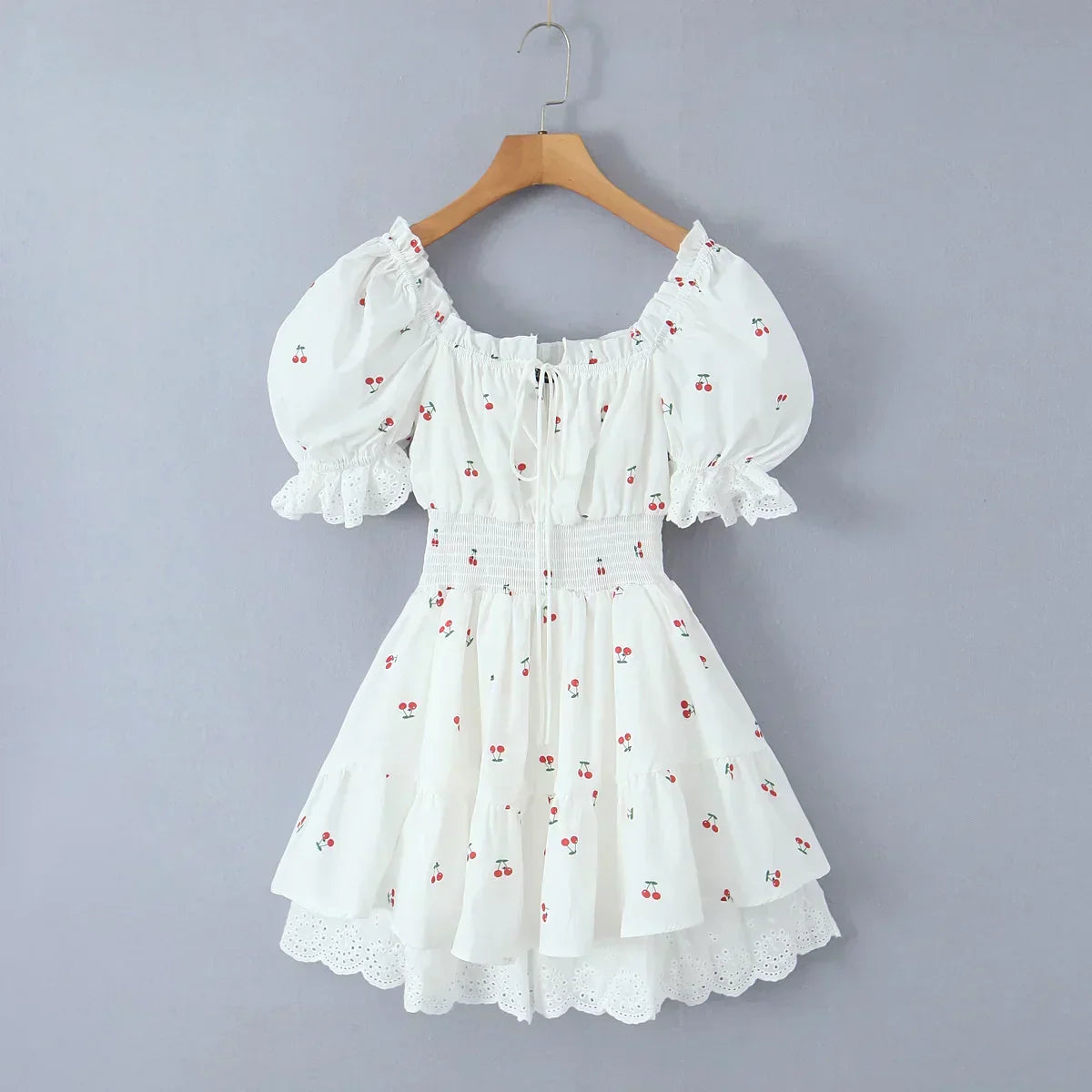 Print Puff Sleeve Ruffles Lace - up Mini Dress - View 5