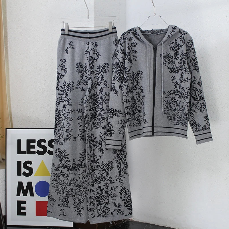 Hooded Zip Front Floral Knit Cardigan and Wide Leg Pants Two Piece Set 10