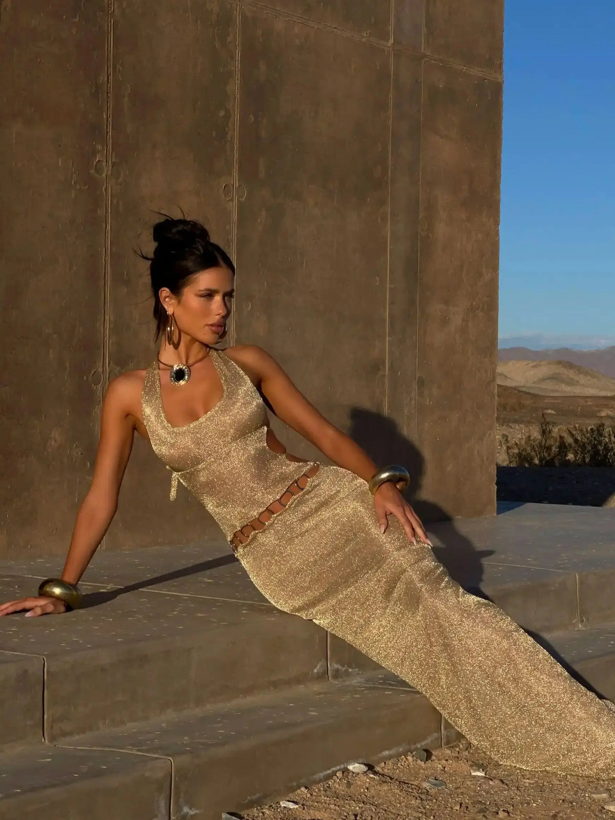 Metallic Mesh Halter Neck Side Cut Out Ring Detail Bodycon Maxi Dress - View 2