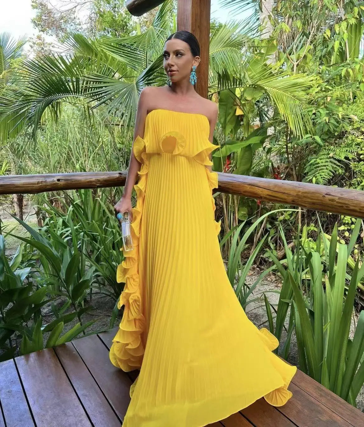 Pleated Chiffon Long Ruffled Strapless Dress - View 3