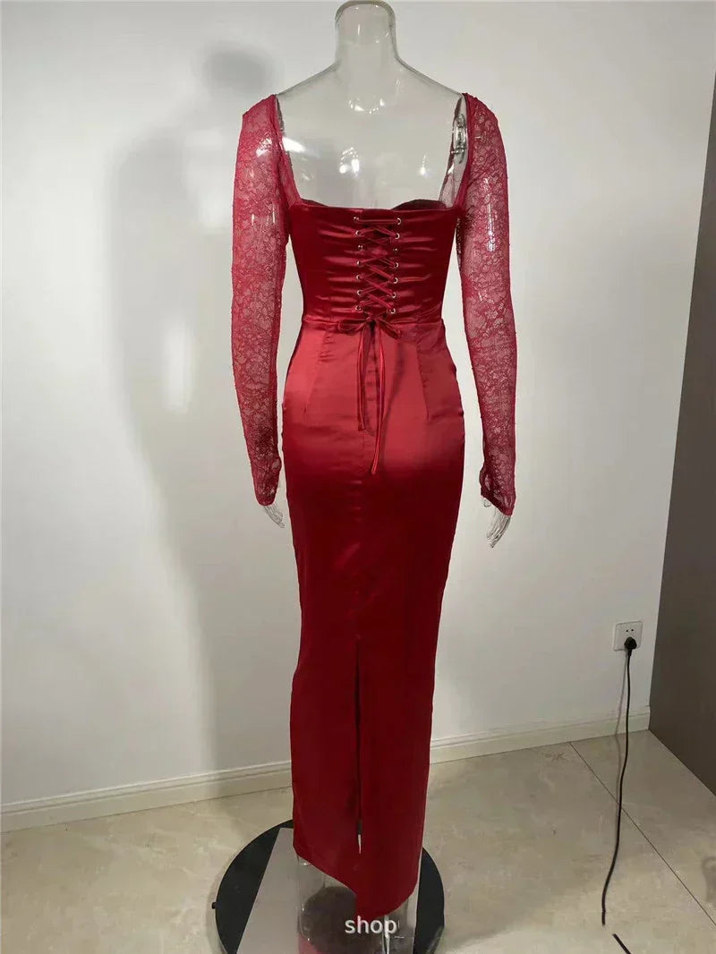 Square Collar Lace - Up Backless Long Sleeve Maxi Dress - View 7