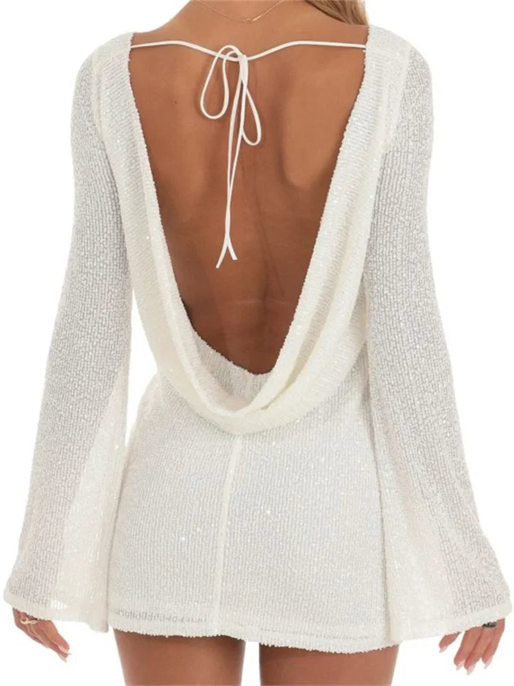 Sequin Backless Mini Dress in WHITE