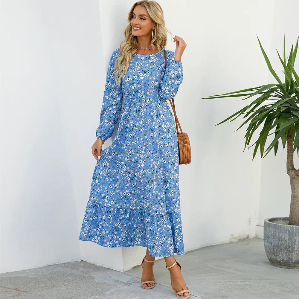 Floral Long Sleeve Tiered Ruffle Boho Maxi Dress - View 13