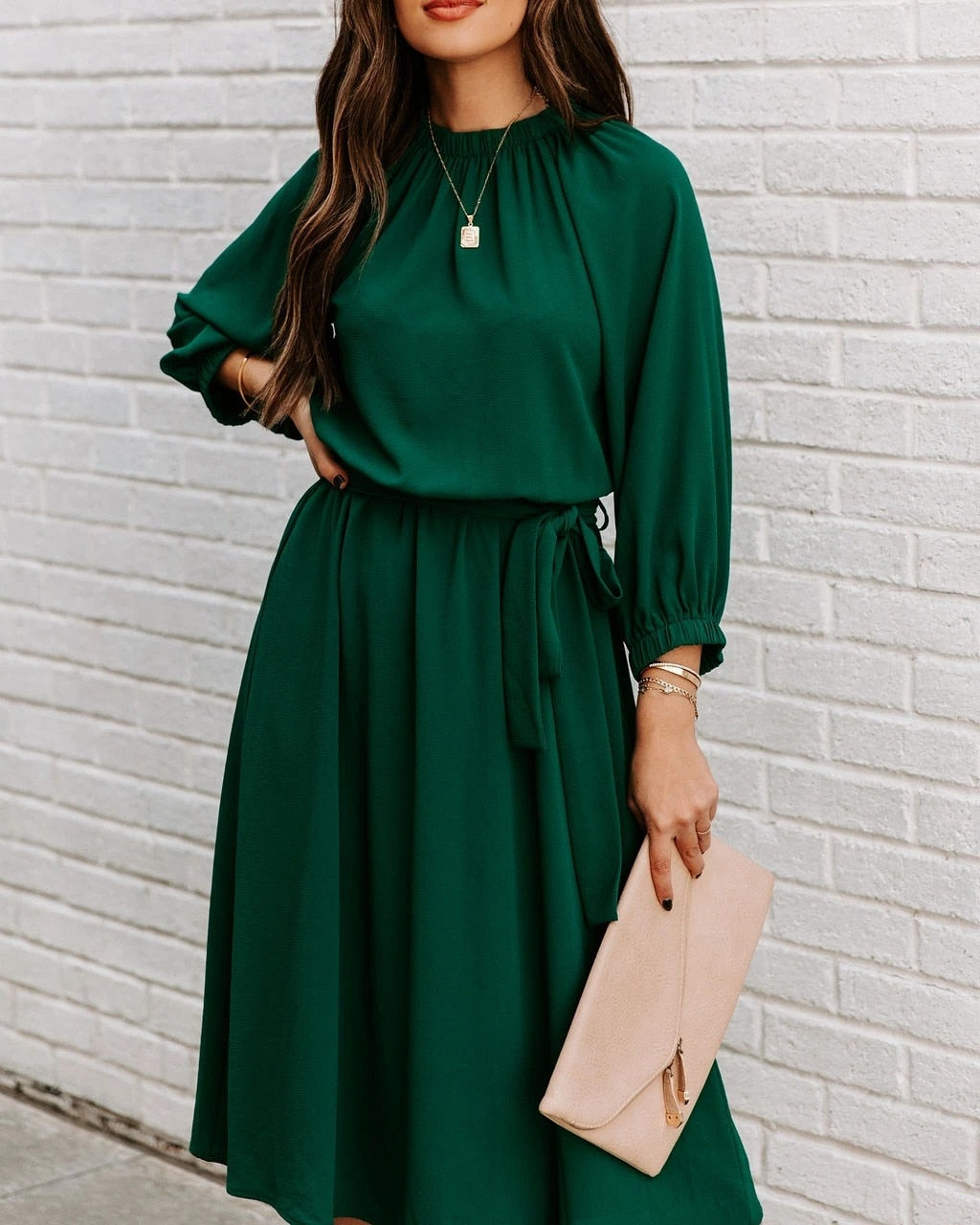 Mock Neck Long Sleeve Belted A-Line Midi Dress - View 7