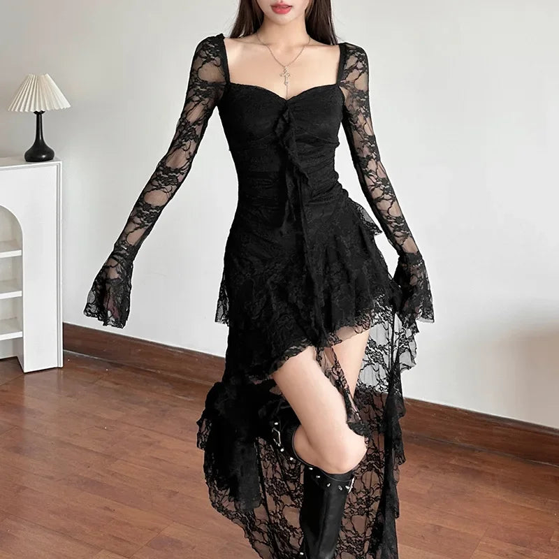 Flare Sleeve Square Neck A-Line Lace Dress - View 4