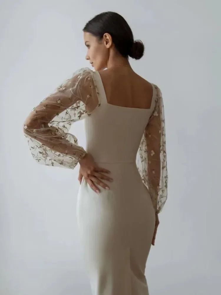 Floral Embroidered Mesh Puff Sleeve Square Neck Bodycon Maxi Dress - View 2