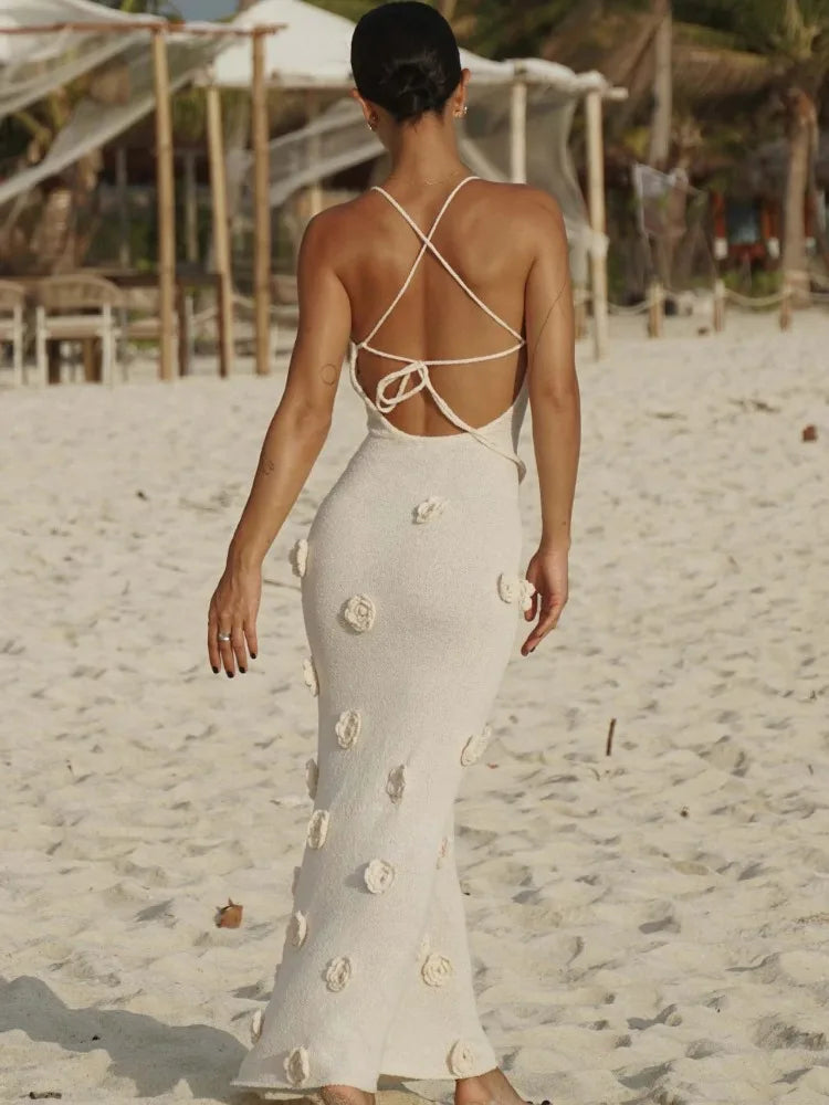 Knit V-Neck Spaghetti Strap Floral Applique Mermaid Maxi Dress - View 12