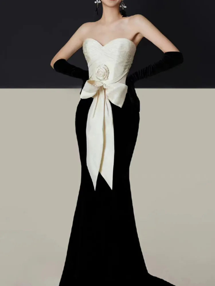 Velvet Strapless Sweetheart Bow Waist Patchwork Mermaid Maxi Gown - View 4