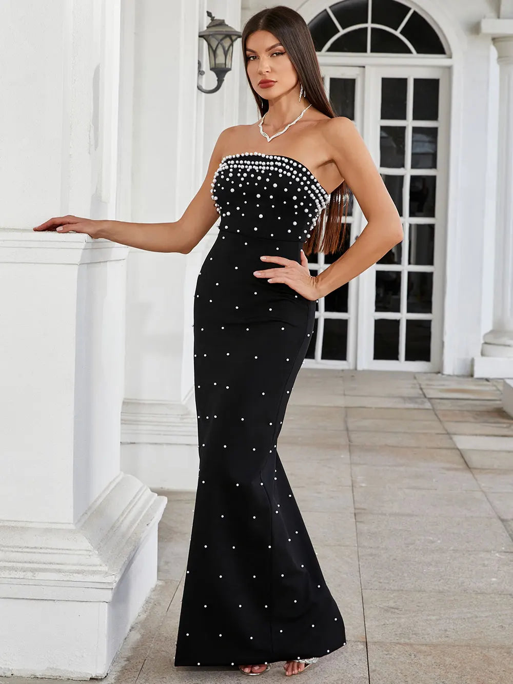 Pearl Embellished Strapless Tube Bodice Bodycon Maxi Gown - View 5