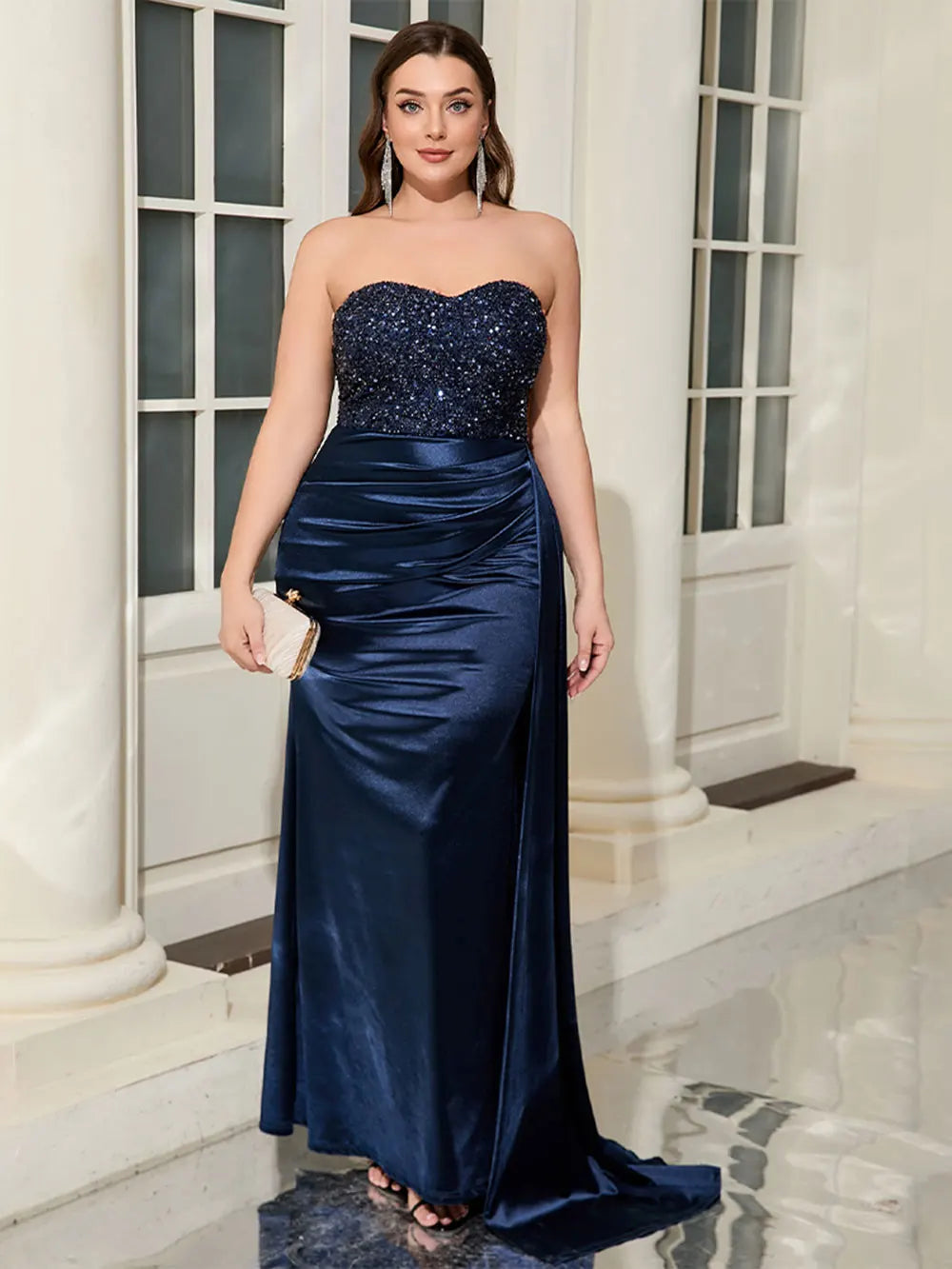 Sequin Strapless Sweetheart Ruched Draped Side Panel Satin Maxi Gown - View 6