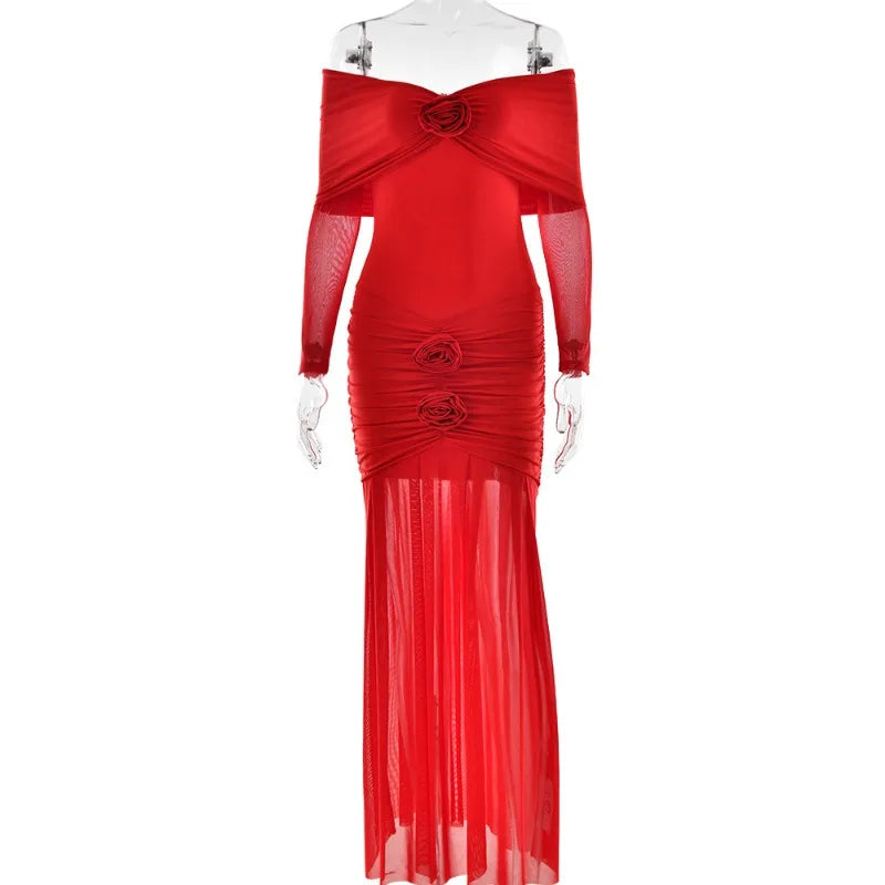 Off Shoulder Long Sleeve Rosette Mermaid Gown - View 14