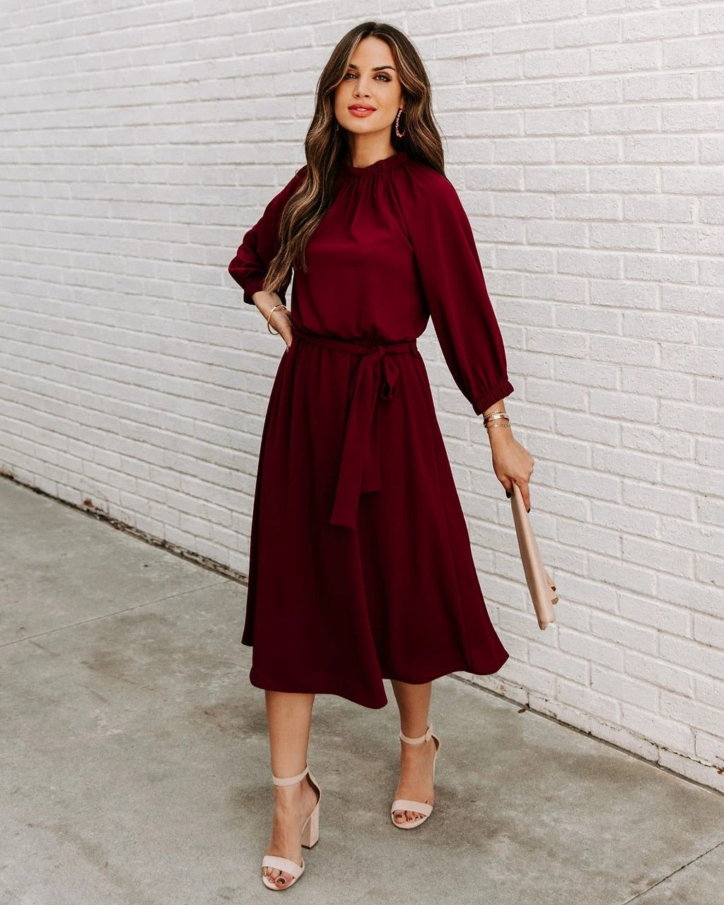 Mock Neck Long Sleeve Belted A-Line Midi Dress - View 16