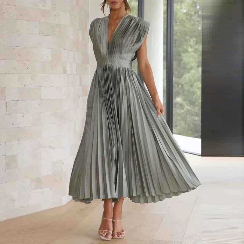 Deep V-Neck Cap Sleeve Pleated Flared Midi Dress 7