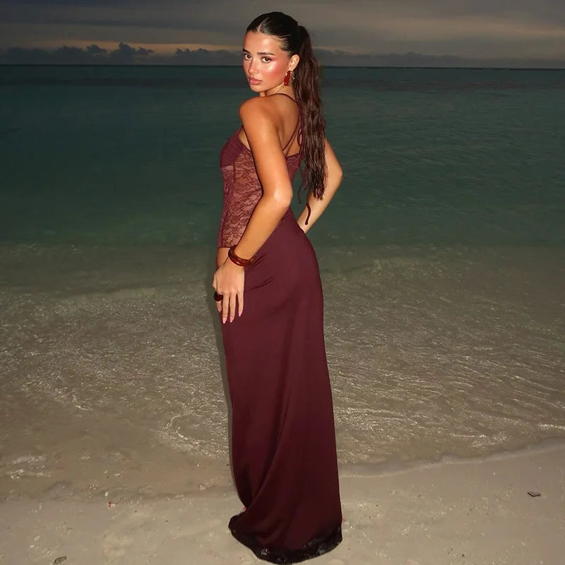 Spaghetti Strap Sheer Lace Hollow Out Long Dress - View 10