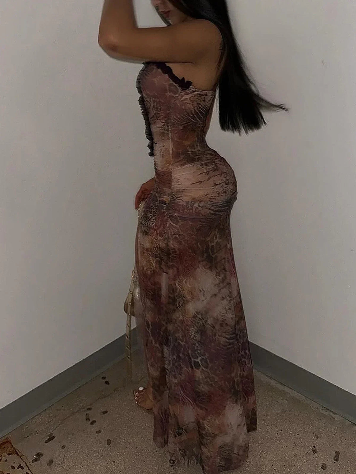 Sheer Mesh Laceup Black Maxi Dress - View 2