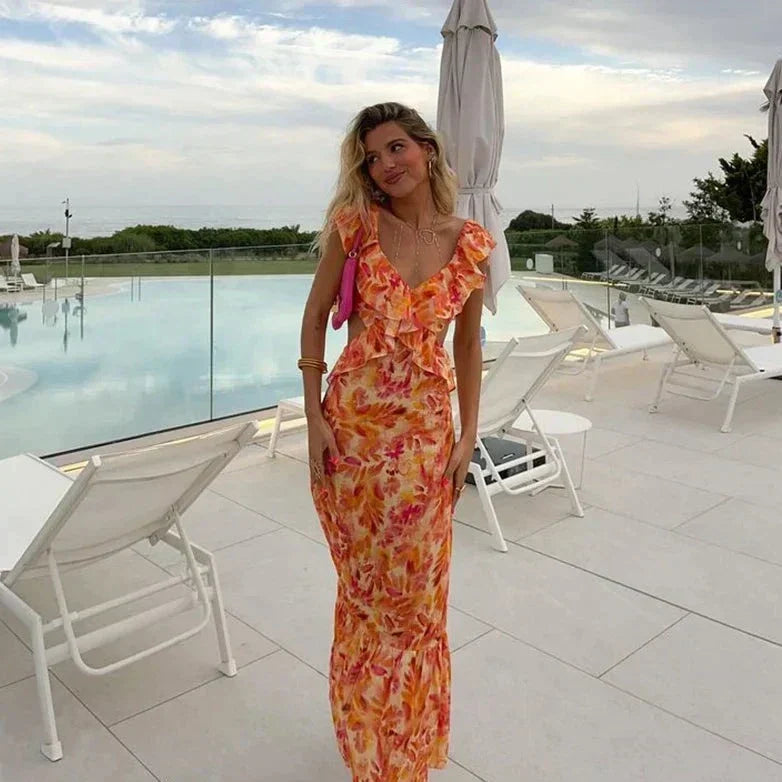 Floral Print Deep V-Neck Cut Out Waist Ruffle Hem Fishtail Maxi Dress
