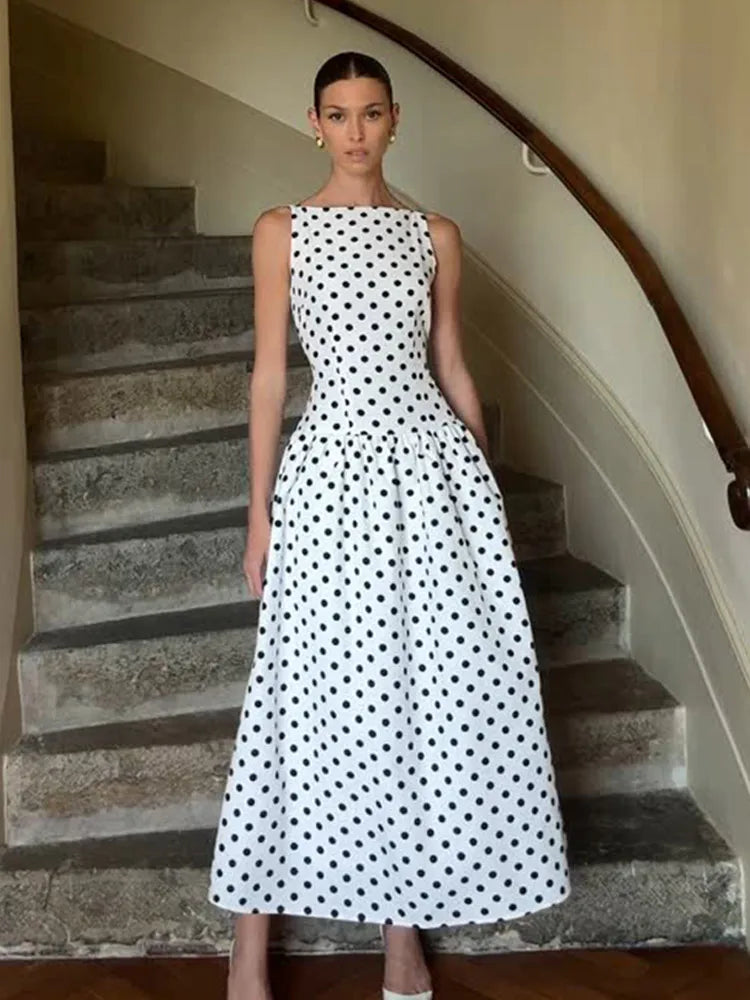 Polka Dot Square Neck Wide Strap A-Line Maxi Dress - View 4