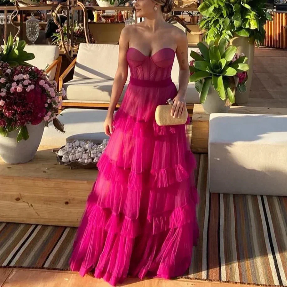 Strapless Sweetheart Corset Tiered Ruffle Tulle Maxi Gown - View 5