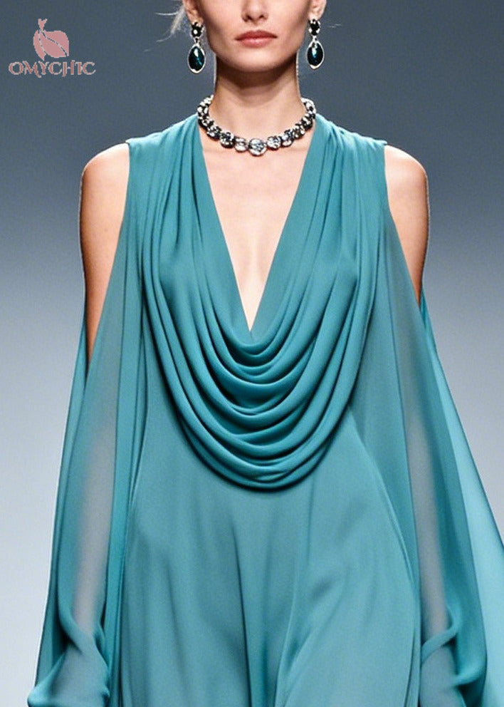 Sea Blue Patchwork Chiffon Maxi Dresses Cold Shoulder Flower Lace Summer - View 2
