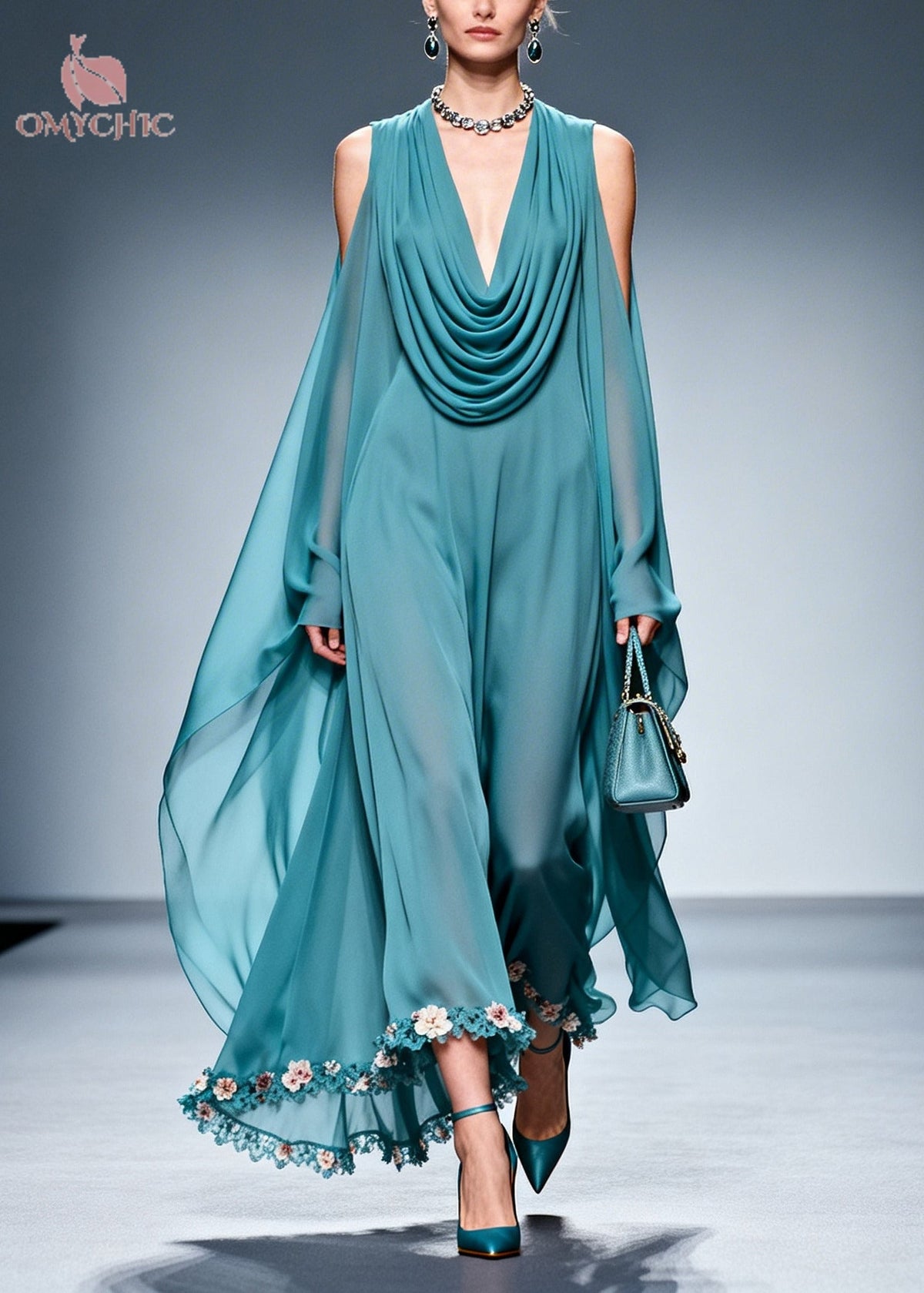 Sea Blue Patchwork Chiffon Maxi Dresses Cold Shoulder Flower Lace Summer - View 3