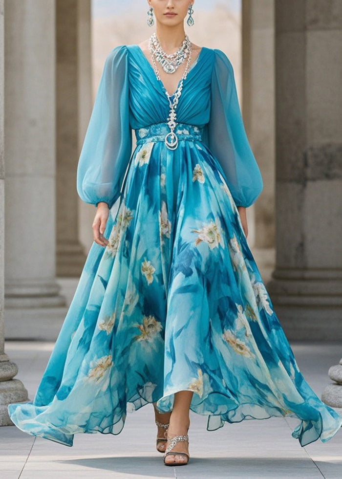 Chiffon Deep V-Neck Bishop Sleeve Ruched Bodice Belted Maxi Gown