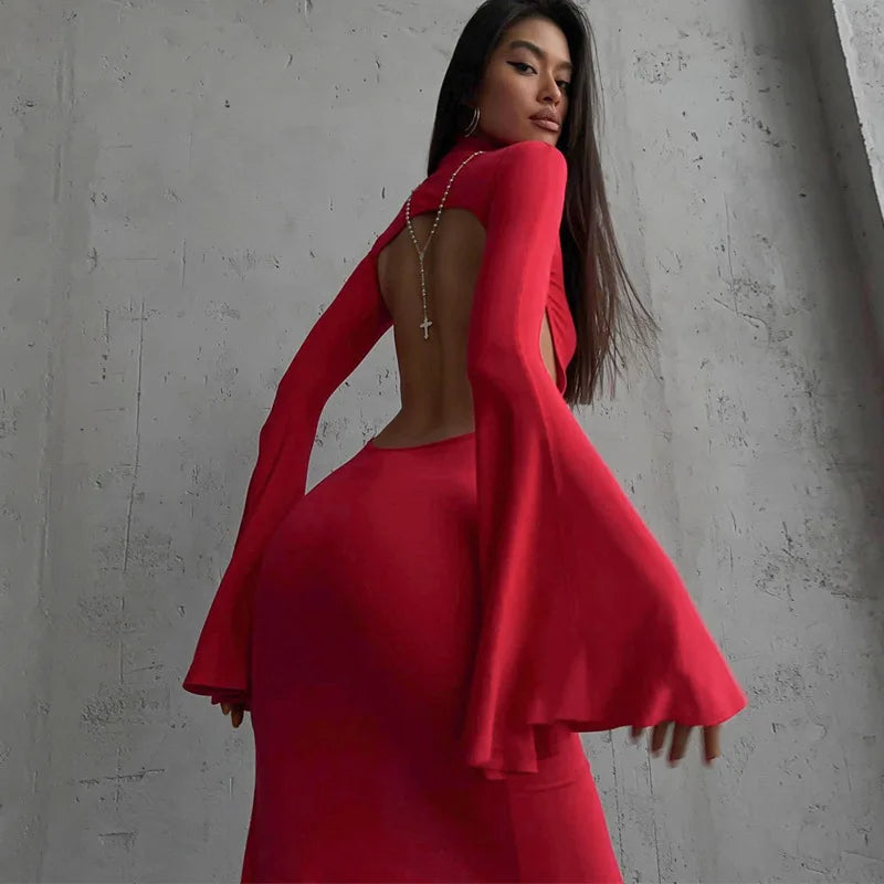 Mock Neck Bell Sleeve High Split Bodycon Maxi Dress 6