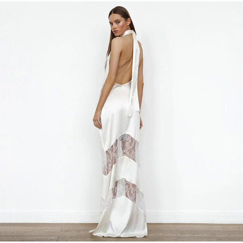 Halter Deep V-Neck Lace Panel Sheer Insert Sleeveless Maxi Gown - View 2