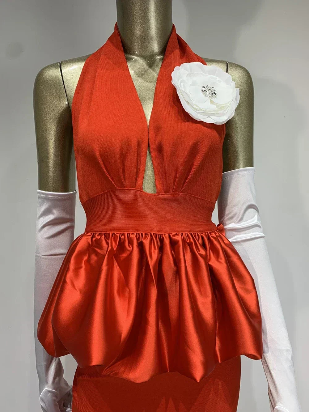 Halter Neck Deep V-Neck Flower Applique Ruffled Peplum Mermaid Gown - View 7