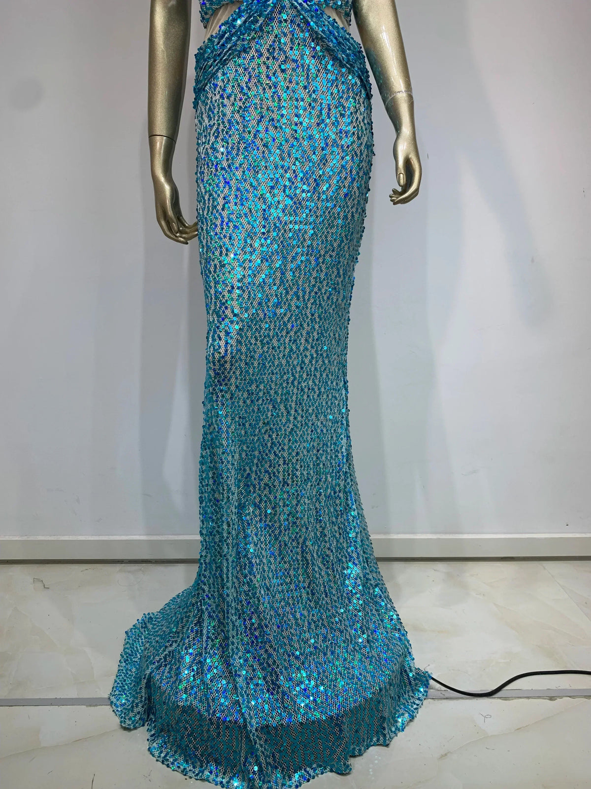 Sequin Halter Neck Deep V-Neck Cut Out Sheer Mermaid Gown - View 6