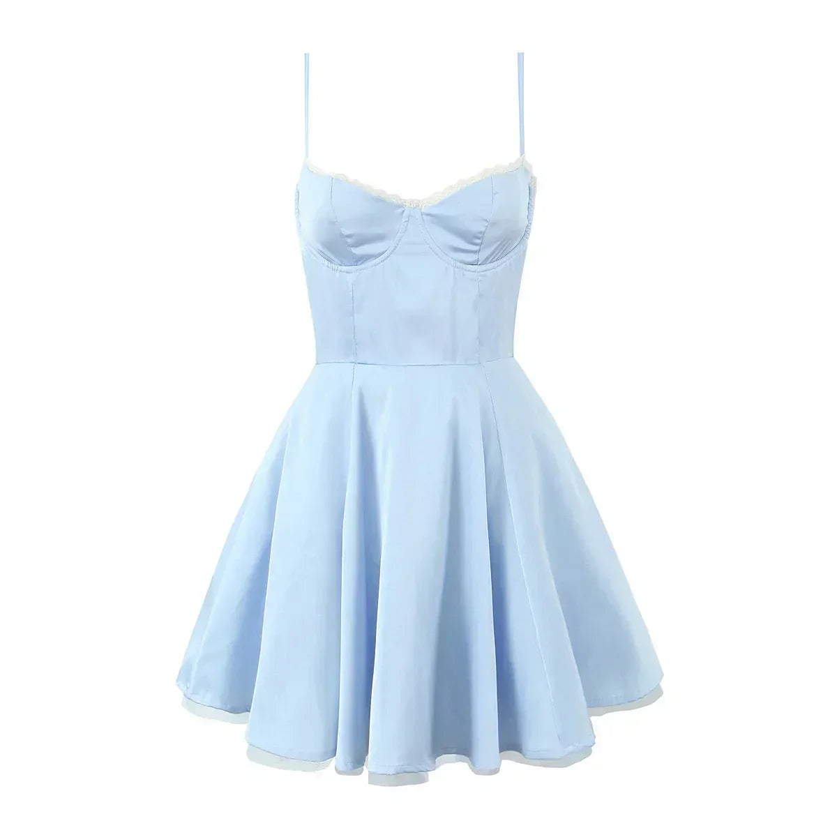 Satin Sweetheart Spaghetti Strap Corset Lace Trim A-Line Midi Dress - View 5