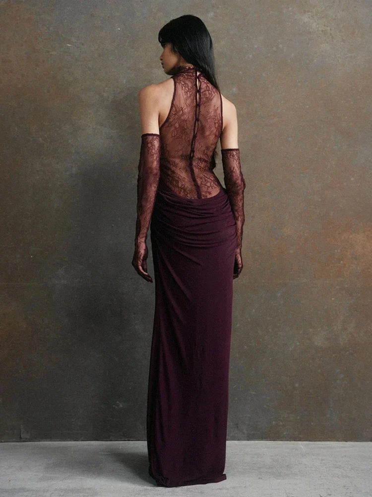 Turtleneck Pleated Gloves Backless Lace Dress - View 2