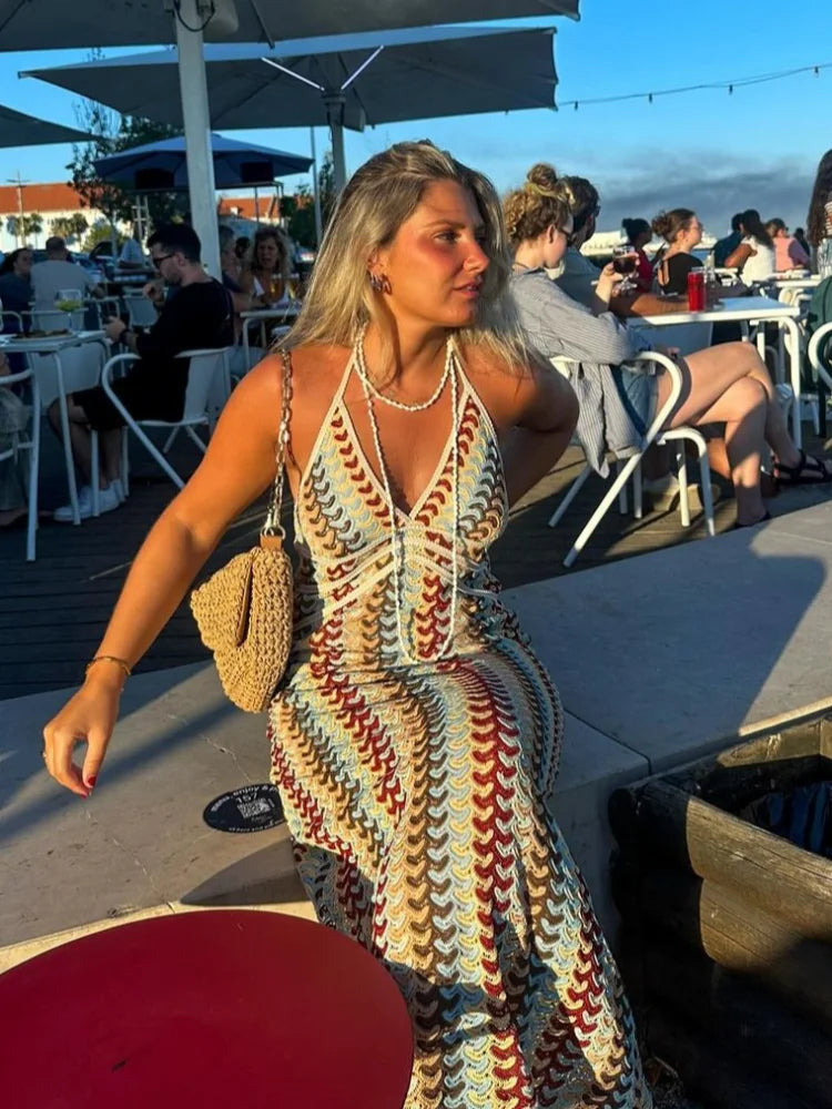 Halter Neck Deep V-Neck Chevron Knit Criss Cross Waist Maxi Dress - View 4