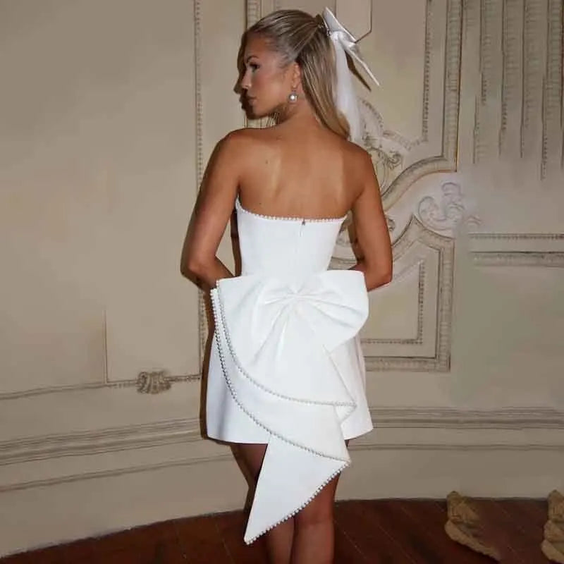 Pearl Trim Strapless Bow Back Fit and Flare Mini Dress - View 2