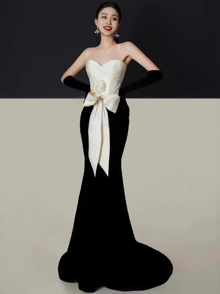 Velvet Strapless Sweetheart Bow Waist Patchwork Mermaid Maxi Gown