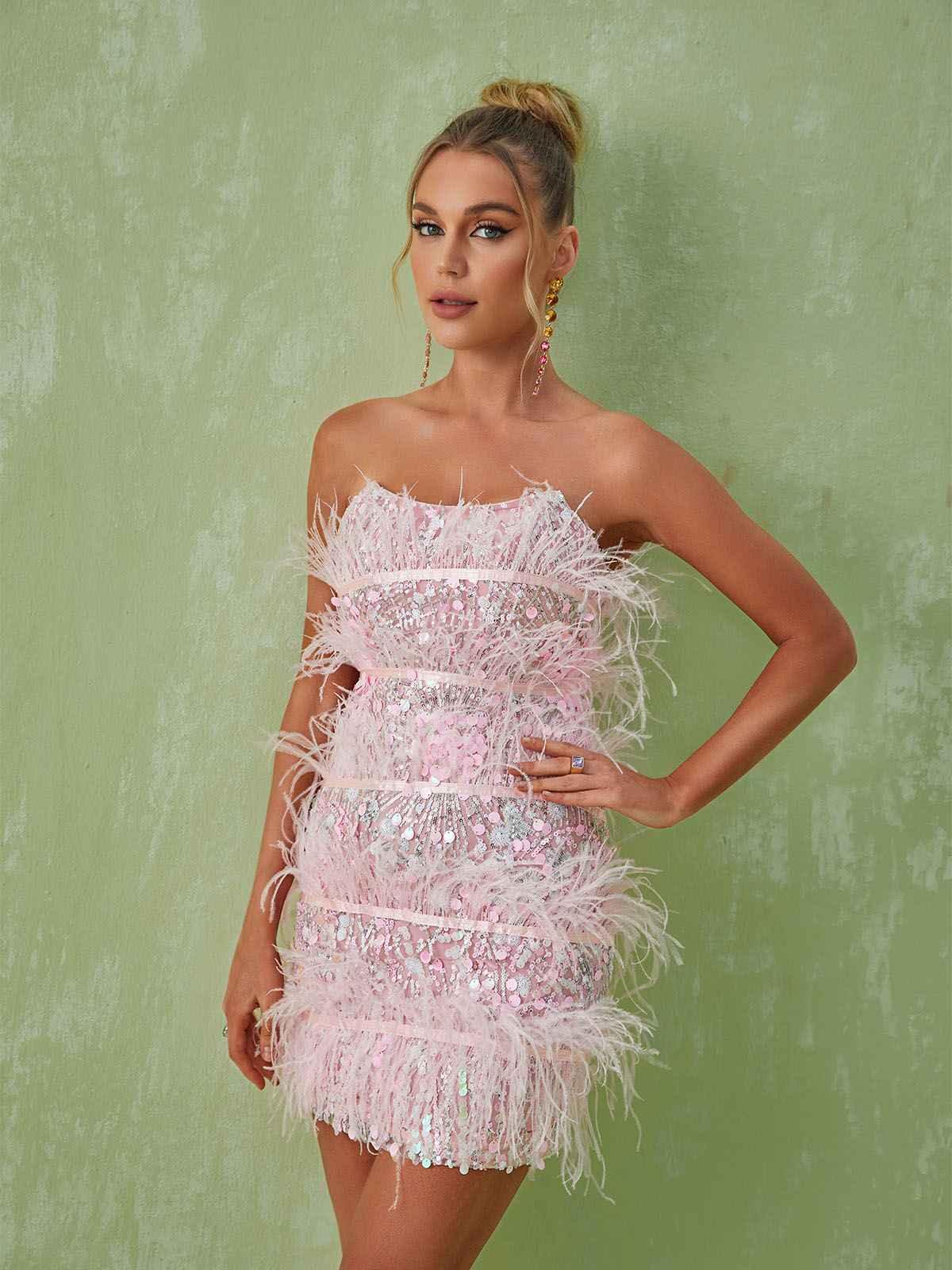 Sequin Strapless Tiered Feather Trim Bodycon Mini Dress