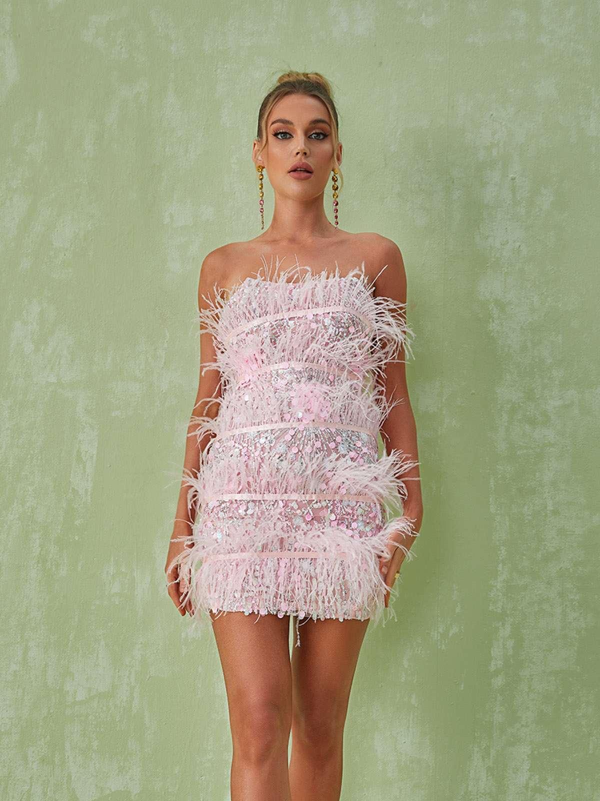 Sequin Strapless Tiered Feather Trim Bodycon Mini Dress - View 2