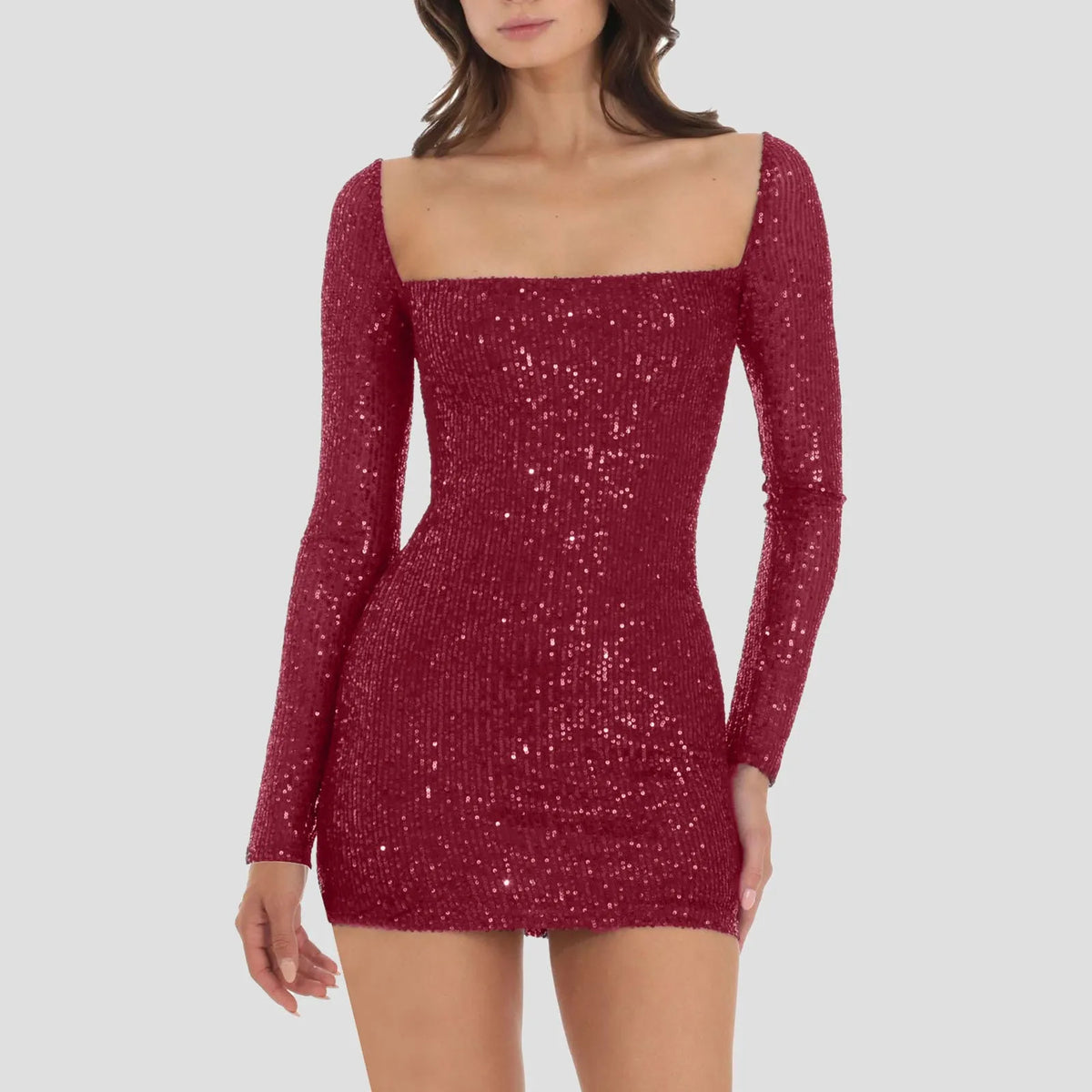 Sequin Square Neck Long Sleeve Bodycon Mini Dress in Black - View 11